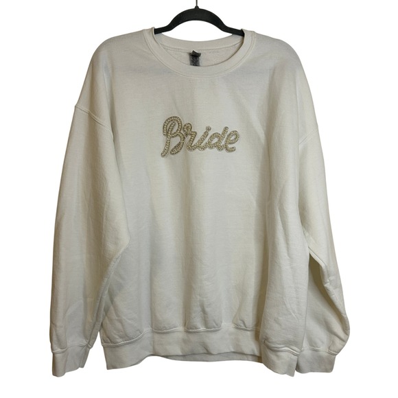 Gildan White Bride Fleece Sweatshirt Crewneck Embellished Pearls Rhinestones XL‎ - Picture 2 of 9